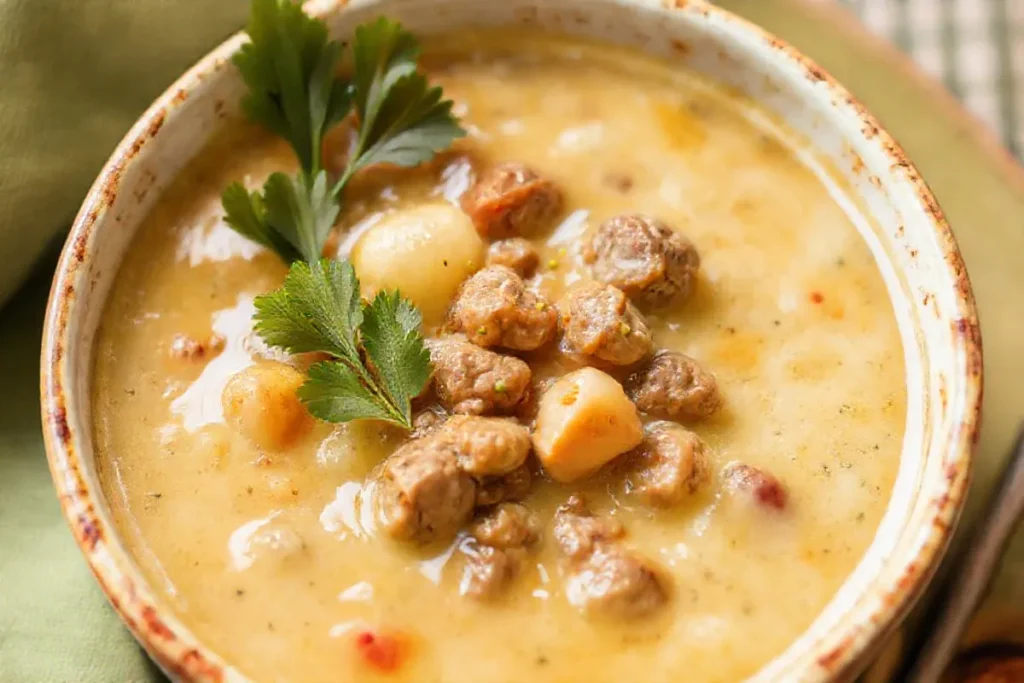 Cheesy Beef and Potato Soup with melted cheddar cheese and diced potatoes