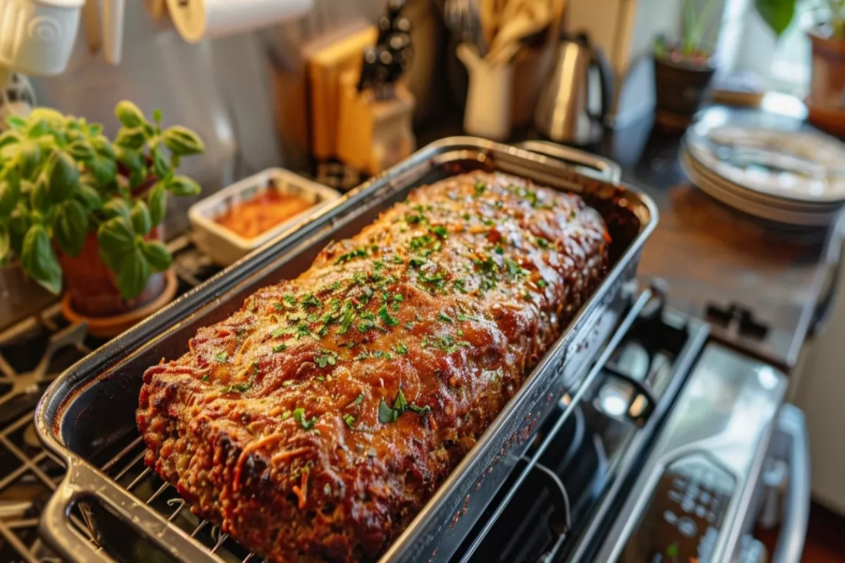 Hearty italian meatloaf on a white plate, ready to serve.