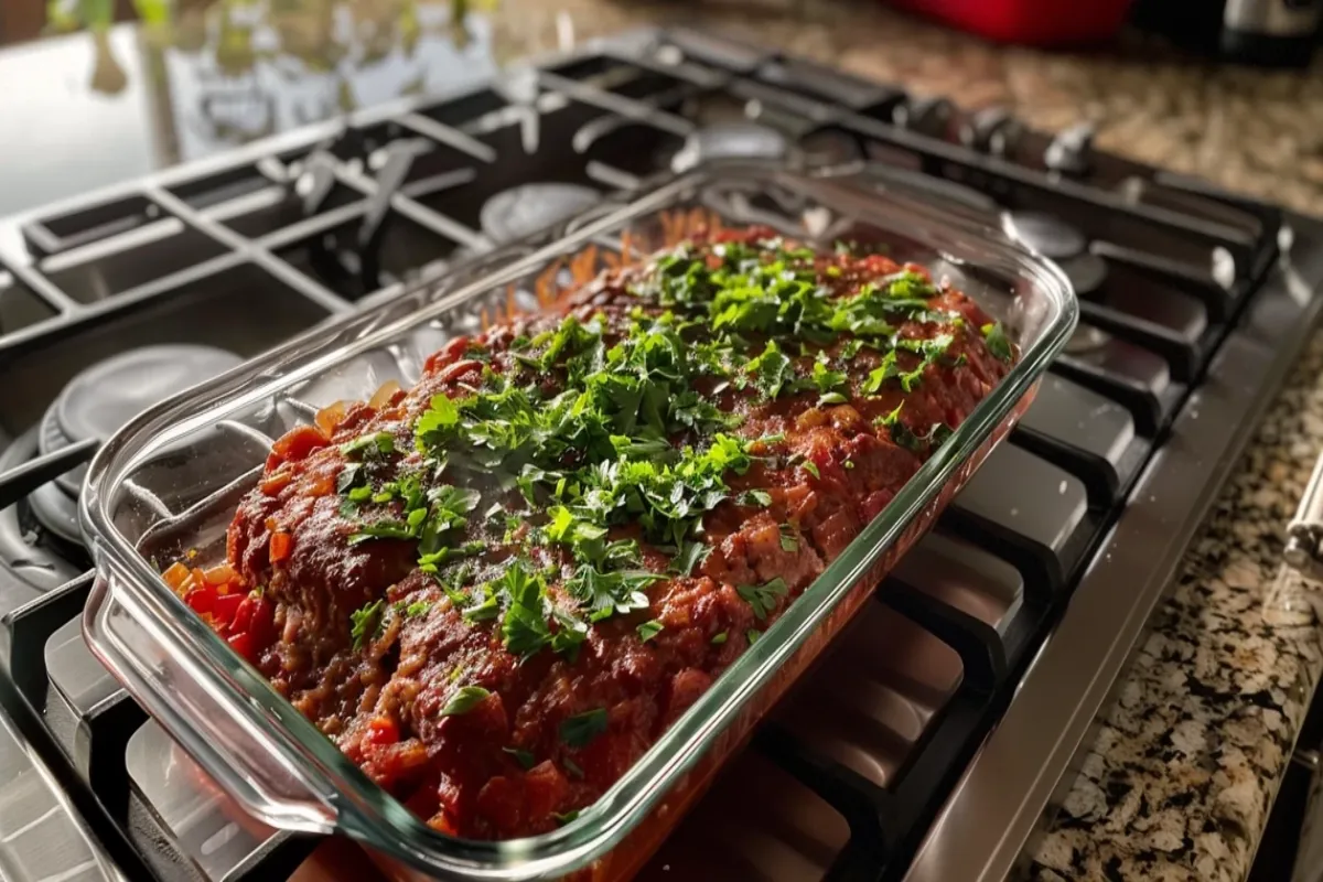 Hearty italian meatloaf on a white plate, ready to serve.3