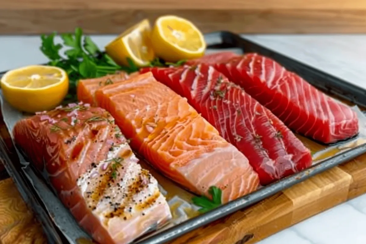 Close-up comparison of red vs pink canned salmon for loaf.