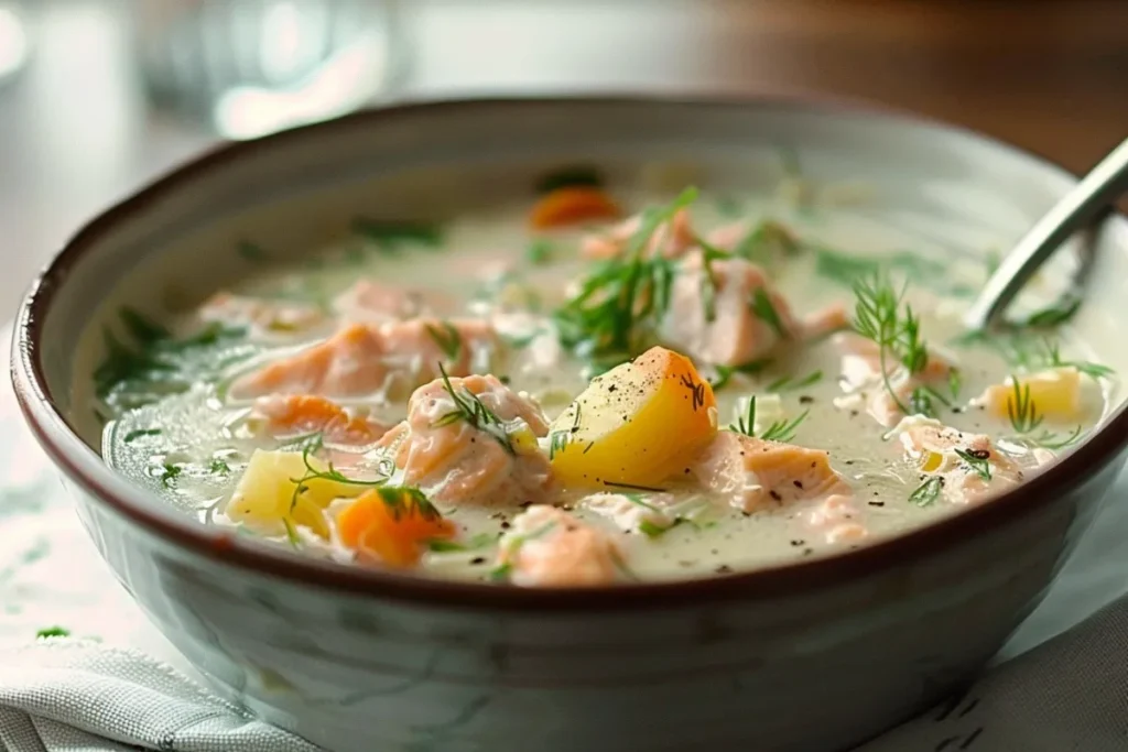 Creamy Finnish Salmon Soup (Lohikeitto) with Dill