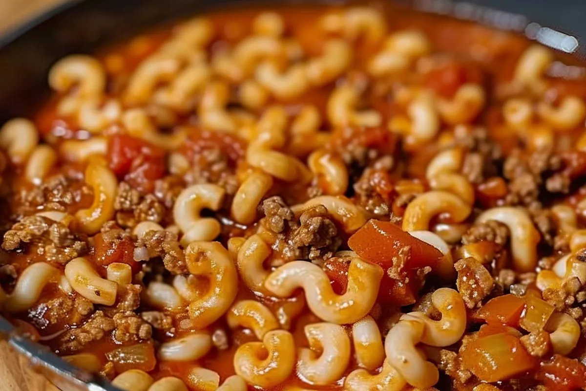 Delicious old fashioned goulash in a pot, ready to serve.