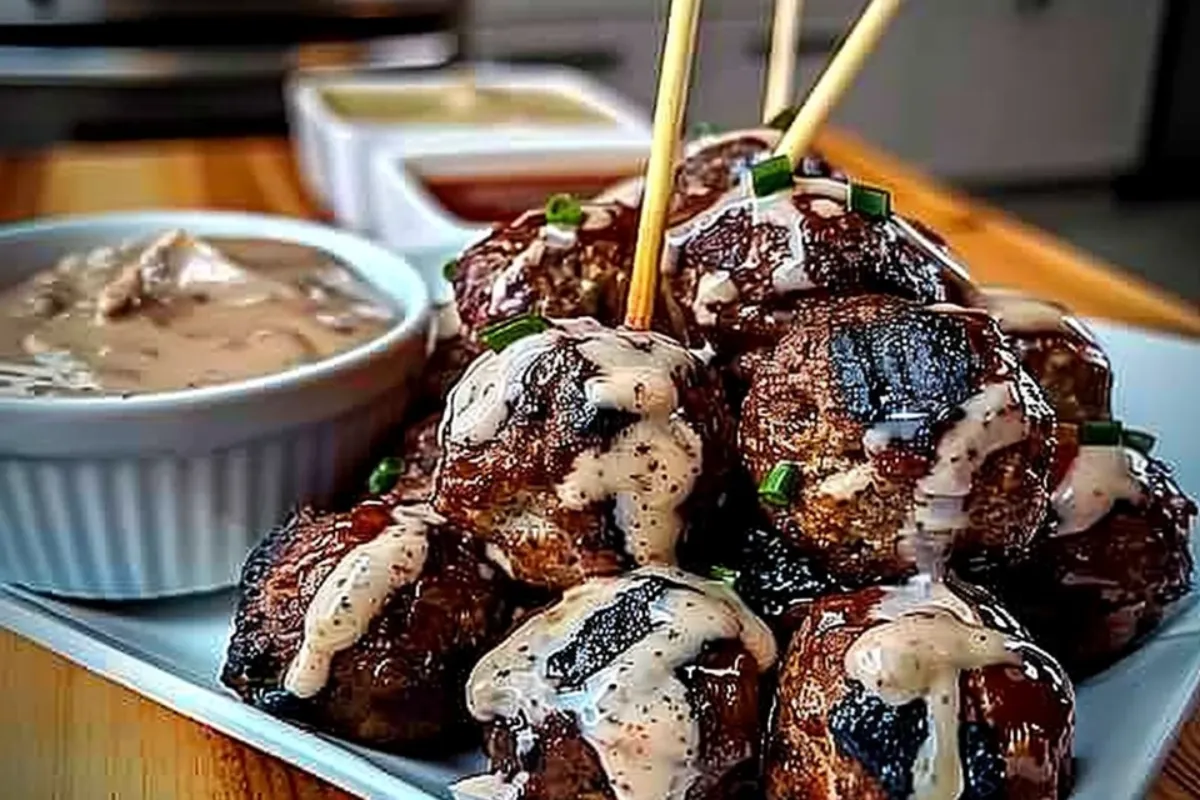 Savory Korean BBQ meatballs with spicy mayo dip