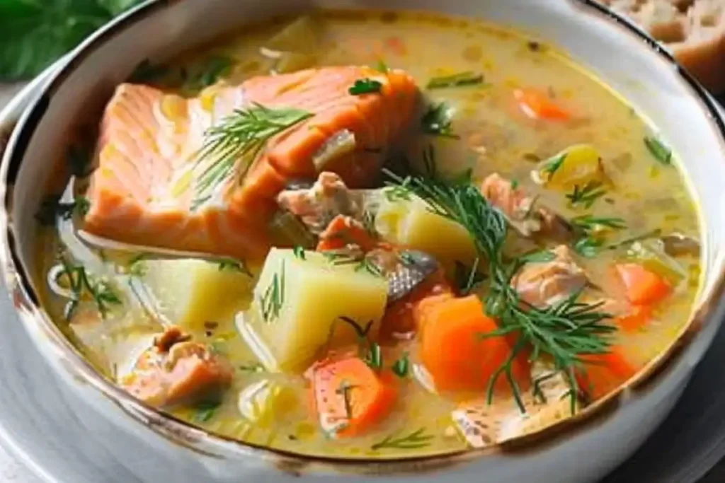 Bowl of creamy Finnish Salmon Soup with dill garnish