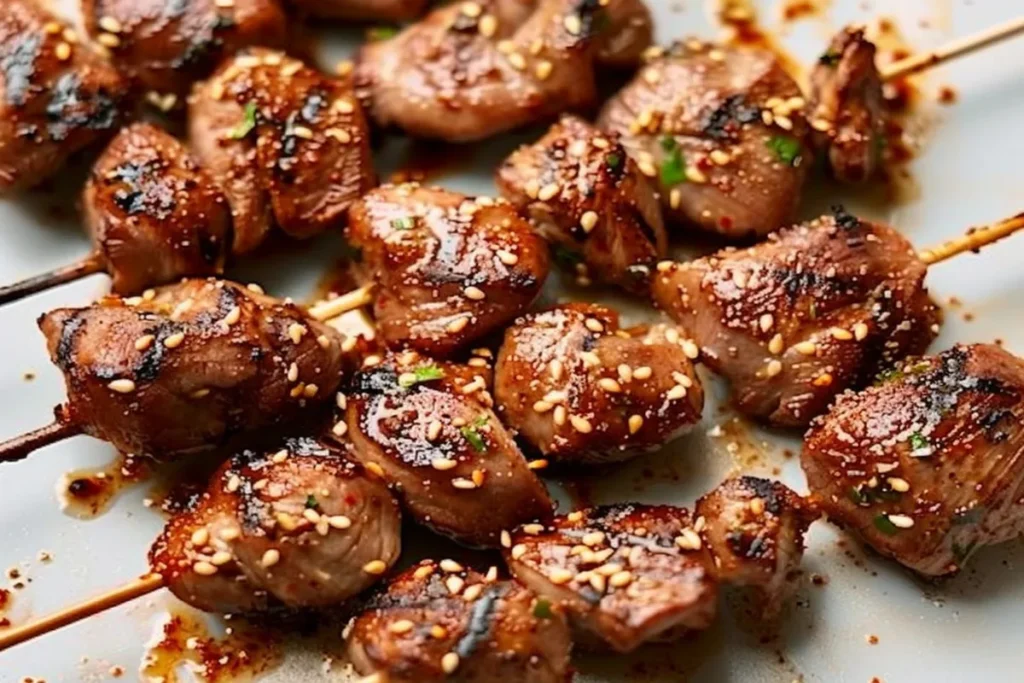 Freshly cooked chicken hearts on a plate.